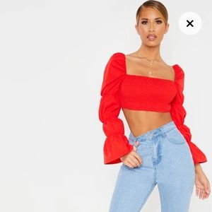 Red Ruched Long Sleeve Crop Top